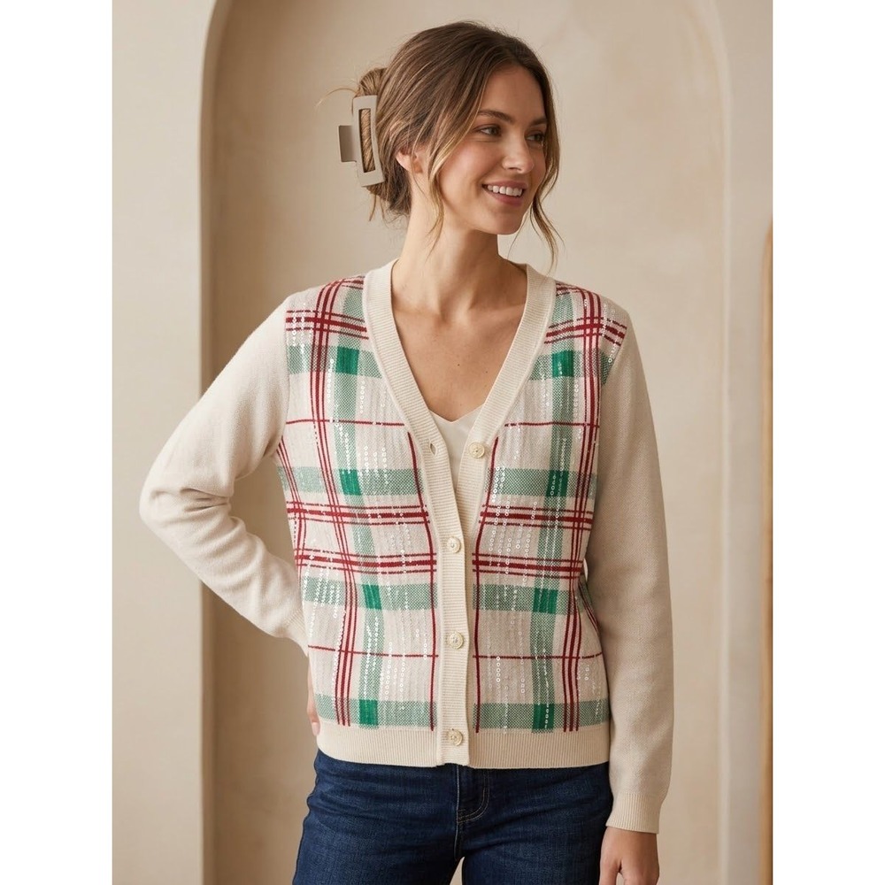 Sequin Plaid Nicole by Nicole Miller Cream Viscose Blend Cardigan Size M Medium